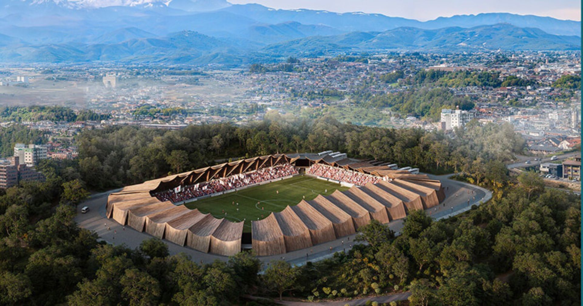 نمای کلی از معماری چوبی باشگاه فوتبال فوکوشیما یونایتد