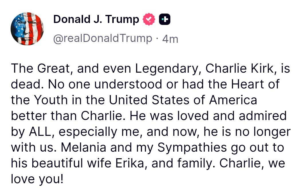 توییت غم‌بار ترامپ درباره مرگ چارلی کرک + عکس